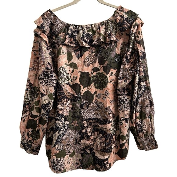 Terra & Sky Womens Blouse Ruffles Floral Top Sz 1X Peasant Boho - Picture 2 of 6